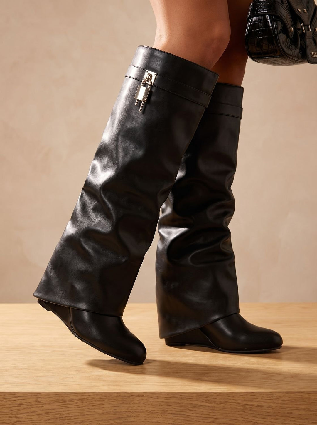 Dames Kniehoge Laarzen Elegante Faux-Leather Sleehak Boots