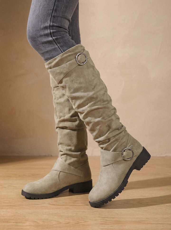 Dames Kniehoge Laarzen Geplooide Suède Look Buckle Detail - Khaki