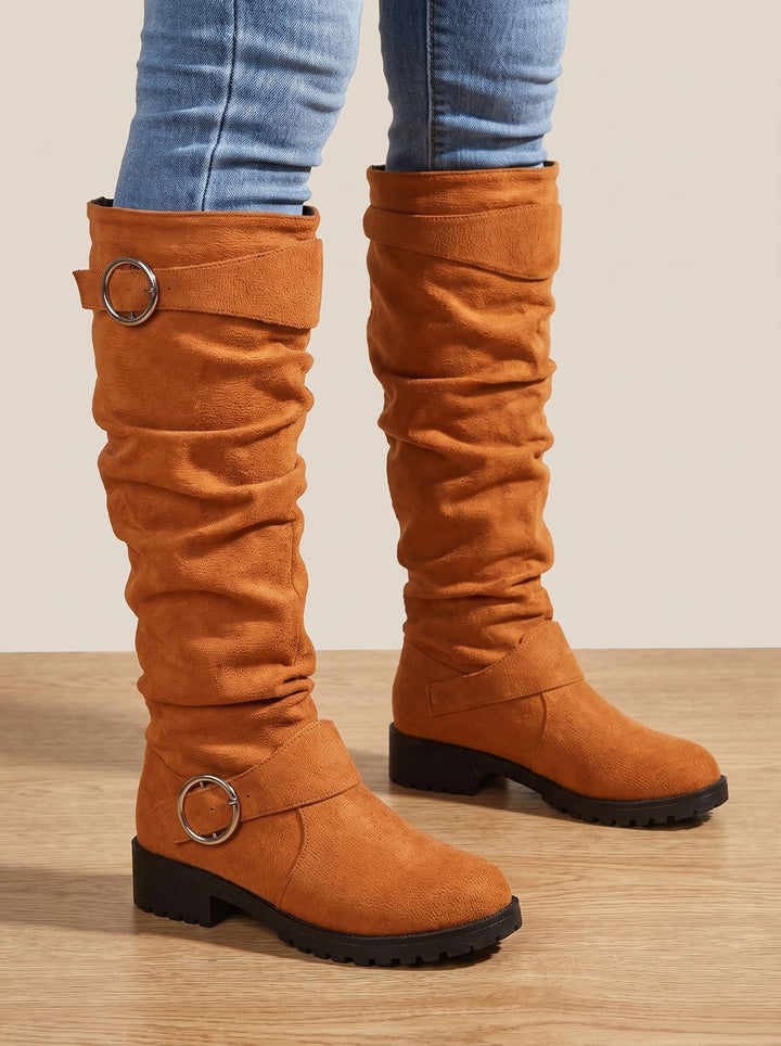 Dames Kniehoge Laarzen Geplooide Suède Look Buckle Detail - Oranje