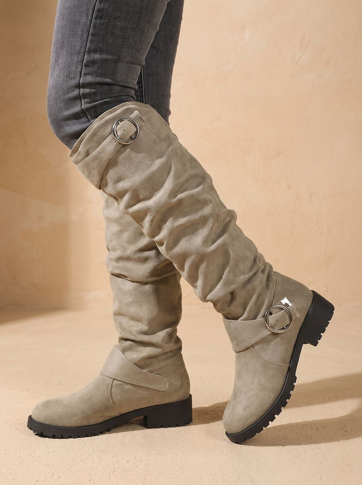 Dames Kniehoge Laarzen Geplooide Suède Look Buckle Detail