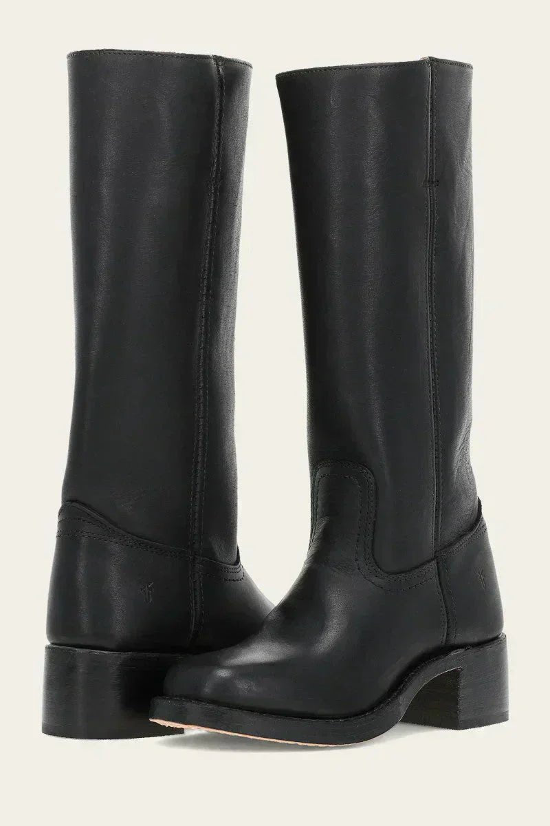 Dames Kniehoge Leren Laarzen Gestructureerde Zool - Black