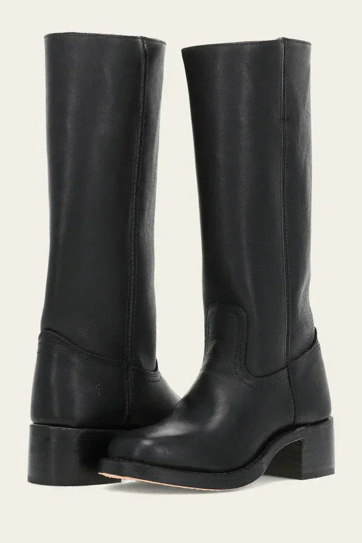 Dames Kniehoge Leren Laarzen Gestructureerde Zool - Black