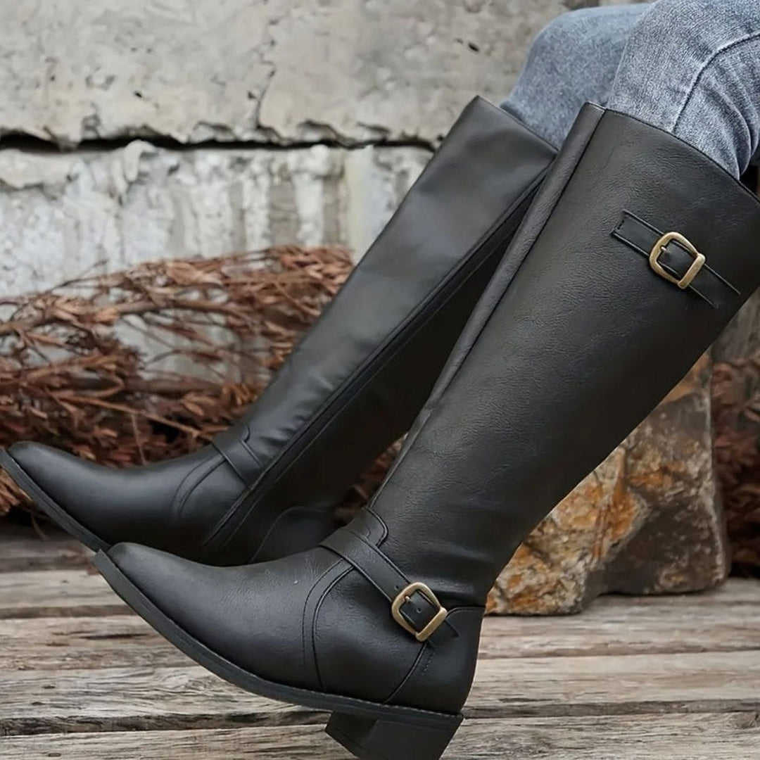Dames Kniehoge Leren Look Rij-laarzen met Dubbele Gesp