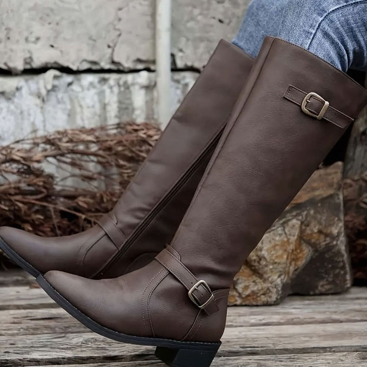 Dames Kniehoge Leren Look Rij-laarzen met Dubbele Gesp