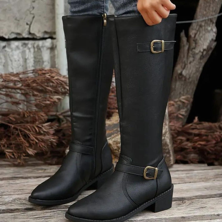 Dames Kniehoge Leren Look Rij-laarzen met Dubbele Gesp