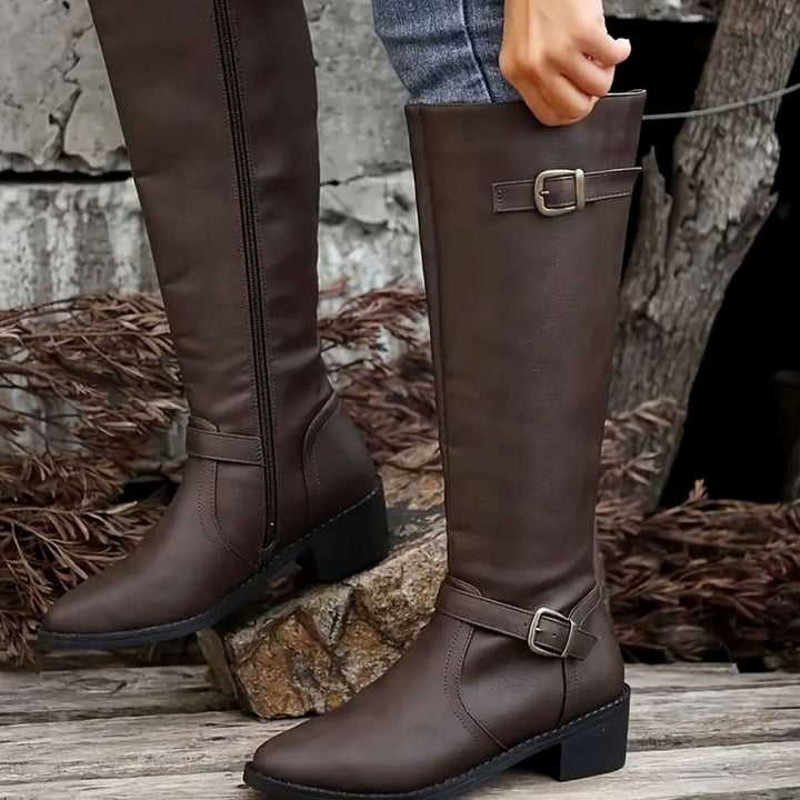Dames Kniehoge Leren Look Rij-laarzen met Dubbele Gesp