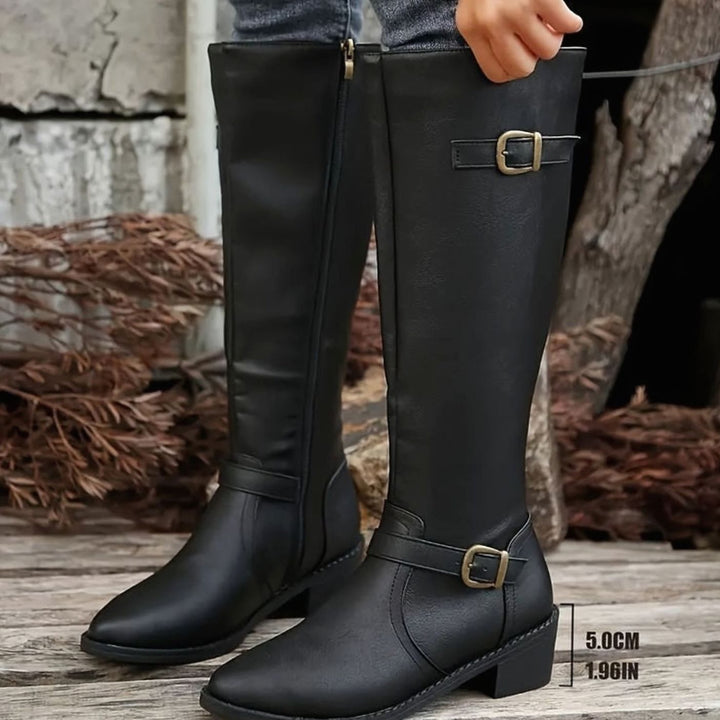 Dames Kniehoge Leren Look Rij-laarzen met Dubbele Gesp - Zwart