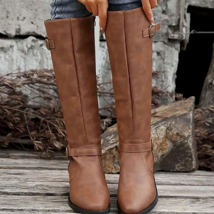 Dames Kniehoge Leren Look Rij-laarzen met Dubbele Gesp