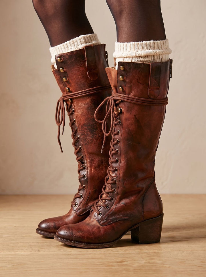 Dames Kniehoge Veterboots met Blokhak - Bordeaux