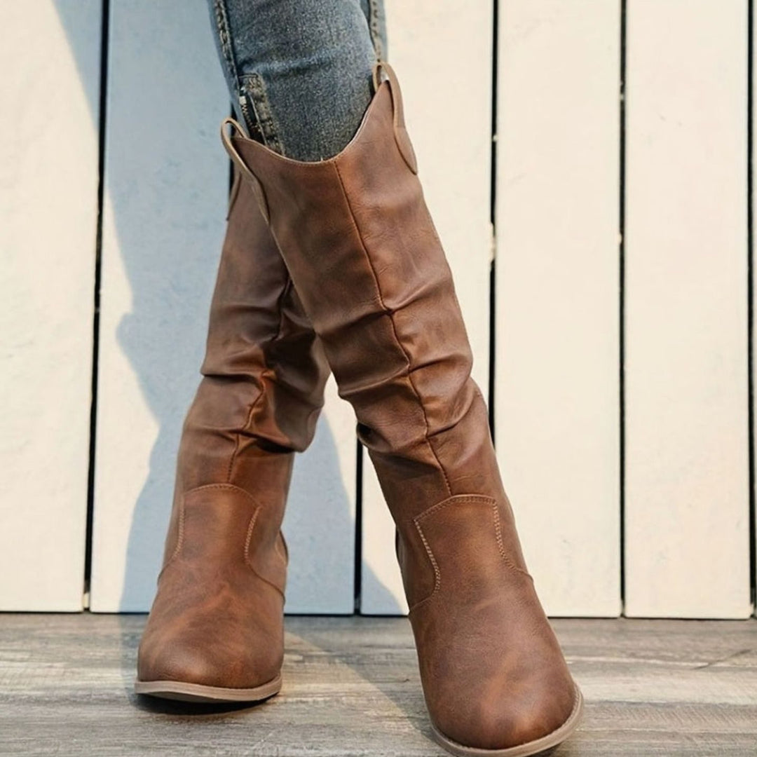 Dames Kniehoge Western Pull-On Laarzen Brede Kuit Platte Hak