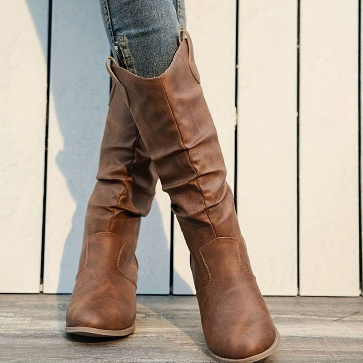 Dames Kniehoge Western Pull-On Laarzen Brede Kuit Platte Hak