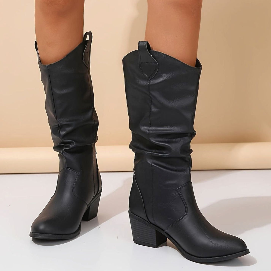 Dames Kniehoge Western Pull-On Laarzen Brede Kuit Platte Hak
