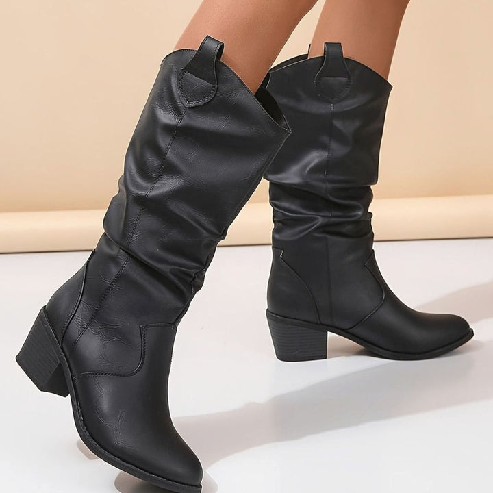 Dames Kniehoge Western Pull-On Laarzen Brede Kuit Platte Hak - Zwart