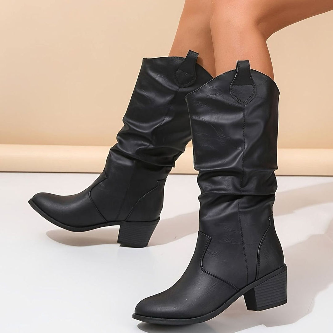 Dames Kniehoge Western Pull-On Laarzen Brede Kuit Platte Hak