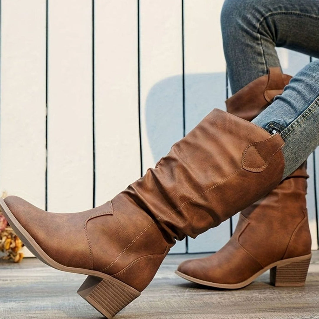 Dames Kniehoge Western Pull-On Laarzen Brede Kuit Platte Hak