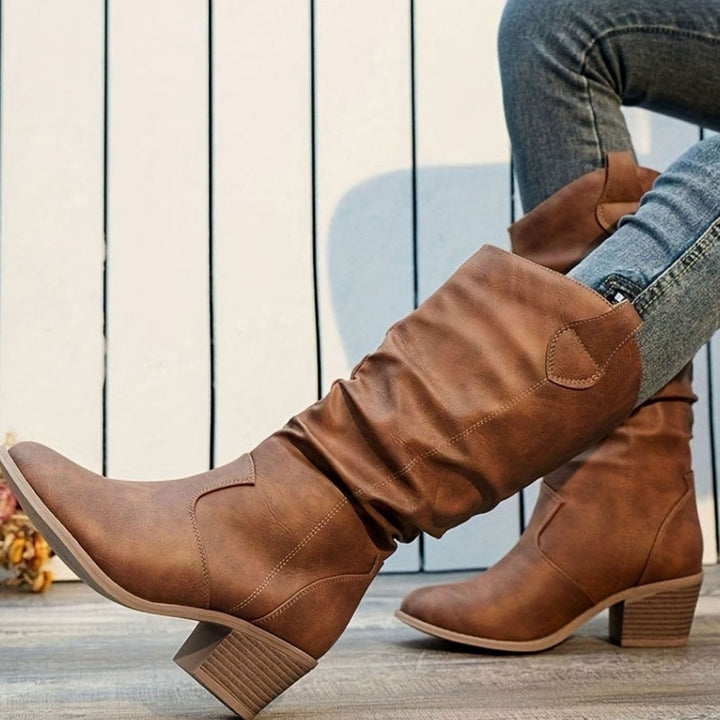 Dames Kniehoge Western Pull-On Laarzen Brede Kuit Platte Hak