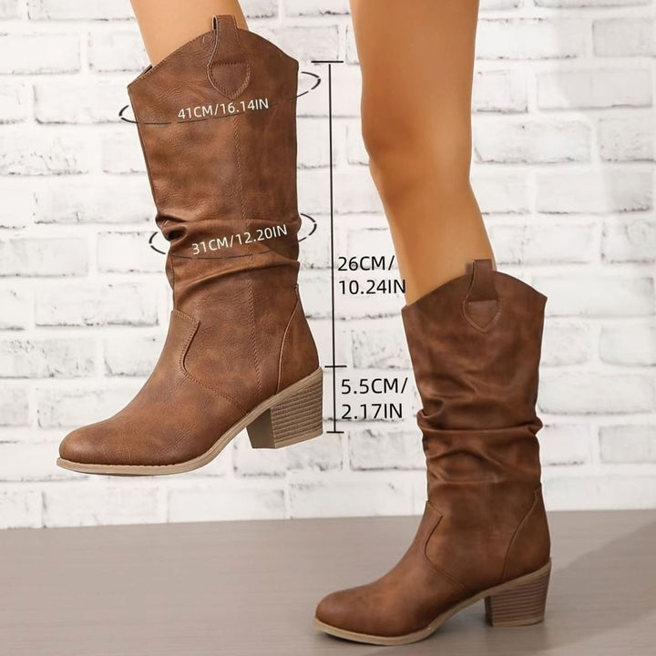 Dames Kniehoge Western Pull-On Laarzen Brede Kuit Platte Hak - Lichtbruin