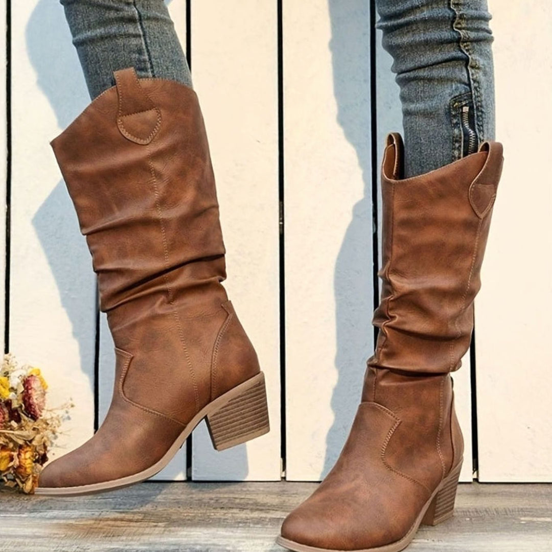 Dames Kniehoge Western Pull-On Laarzen Brede Kuit Platte Hak