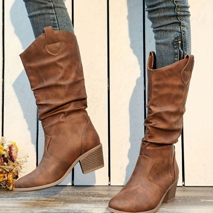 Dames Kniehoge Western Pull-On Laarzen Brede Kuit Platte Hak