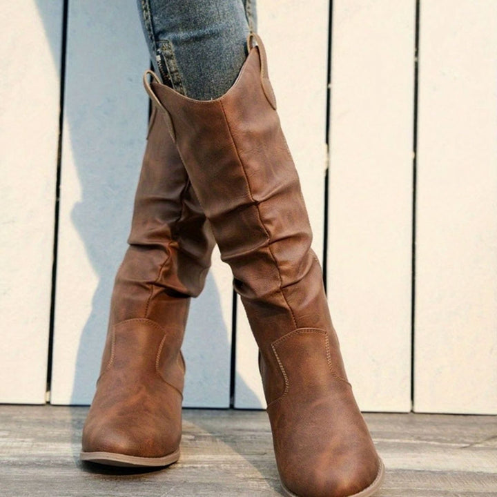 Dames Kniehoge Western Pull-On Laarzen Brede Kuit Platte Hak