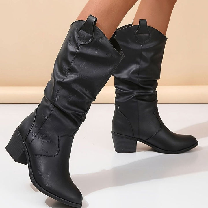 Dames Kniehoge Western Pull-On Laarzen Brede Kuit Platte Hak