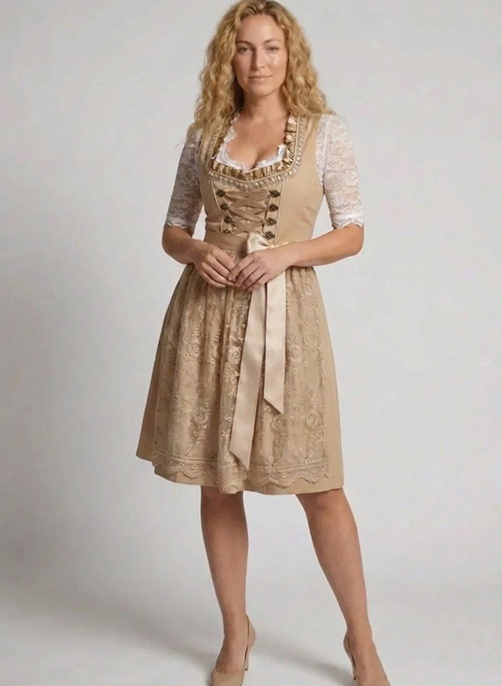 Dames Knielange Dirndl Jurk Kant Blouse Vetersluiting - Beige