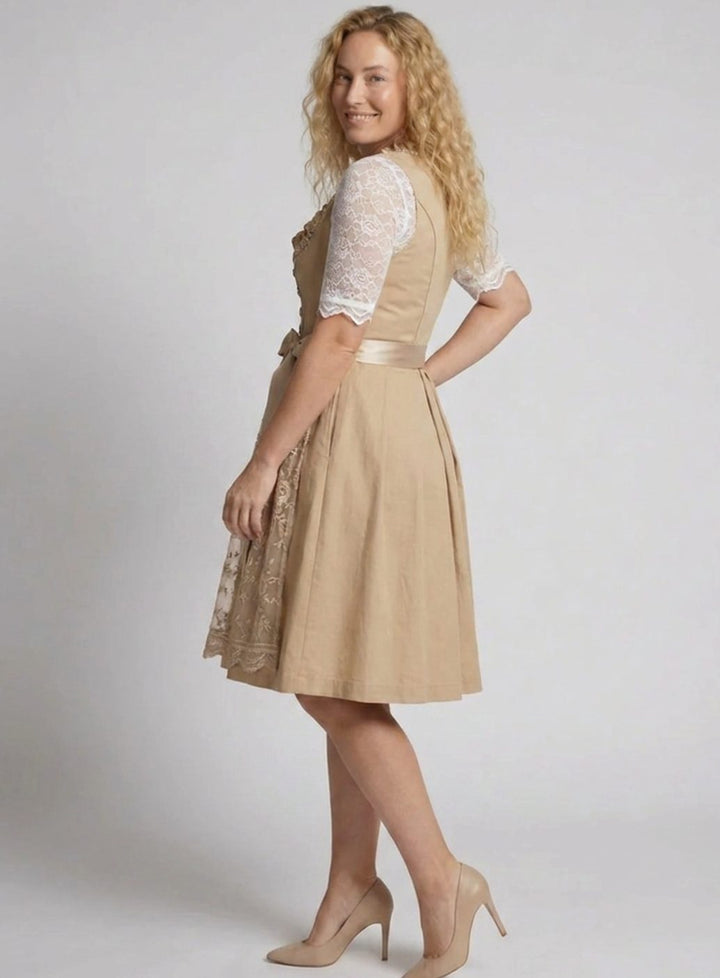 Dames Knielange Dirndl Jurk Kant Blouse Vetersluiting