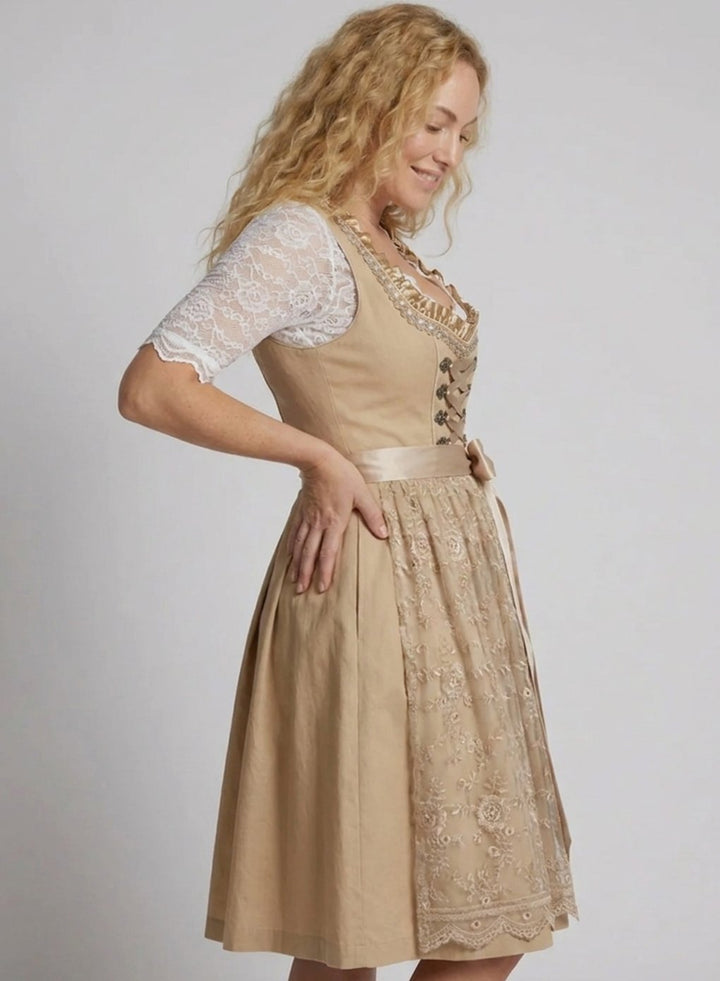 Dames Knielange Dirndl Jurk Kant Blouse Vetersluiting