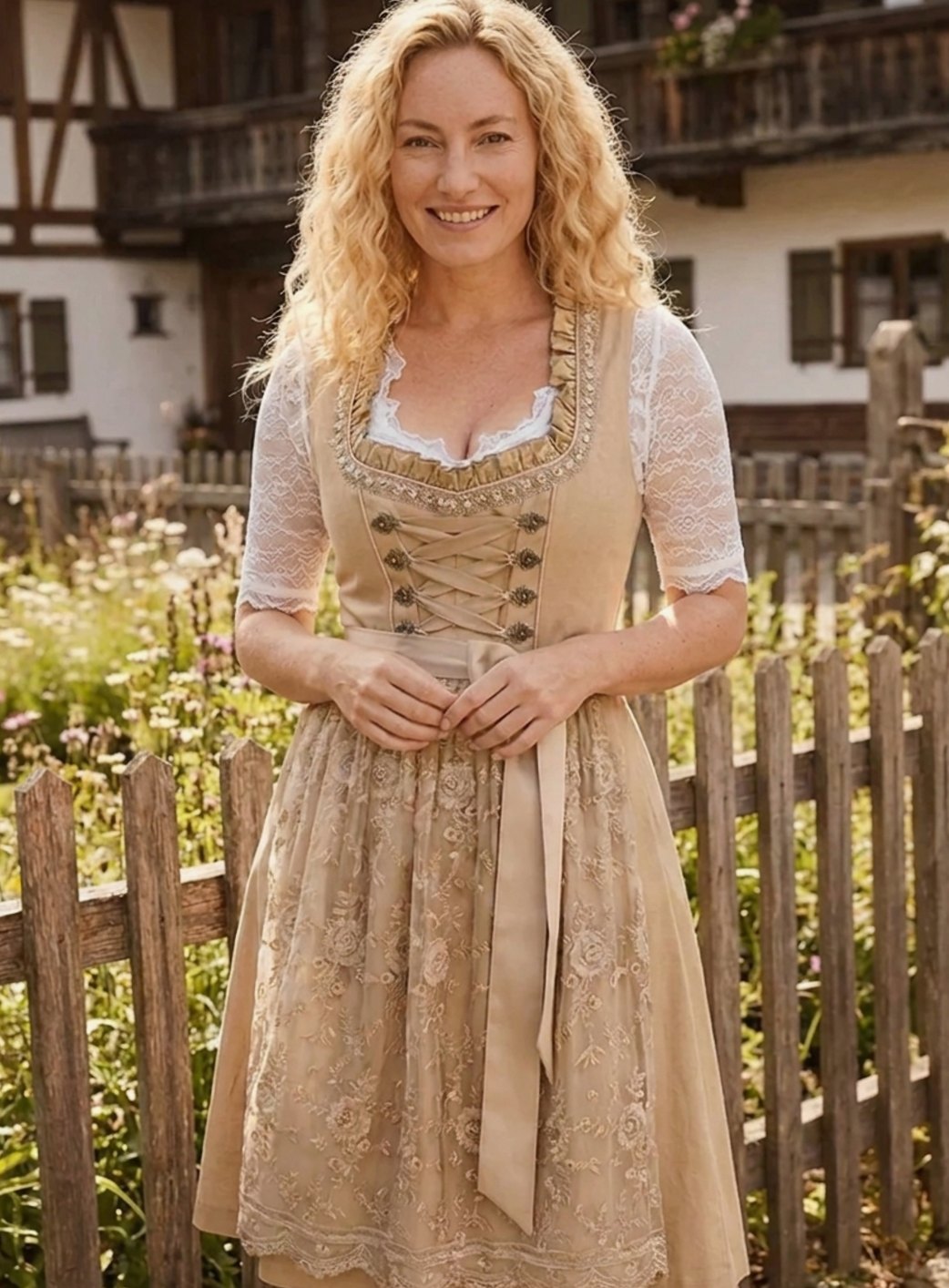 Dames Knielange Dirndl Jurk Kant Blouse Vetersluiting
