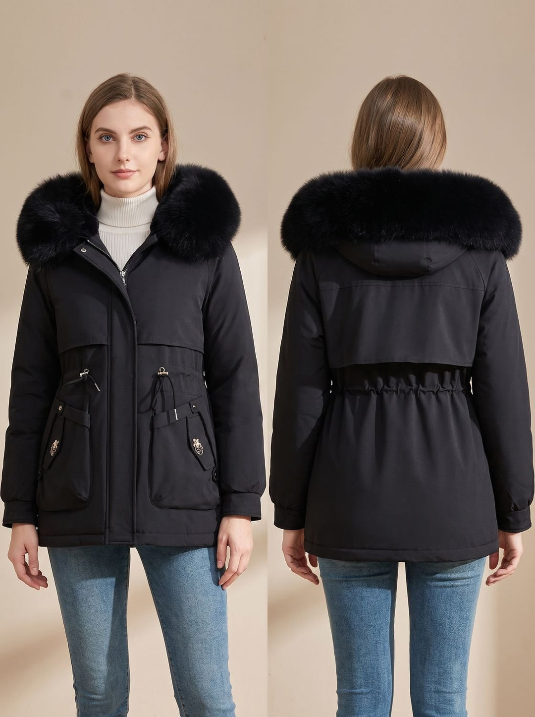 Dames Korte Bontjas Gevoerde Parka met Imitatiebont Capuchon en Taillierkoord - Zwart