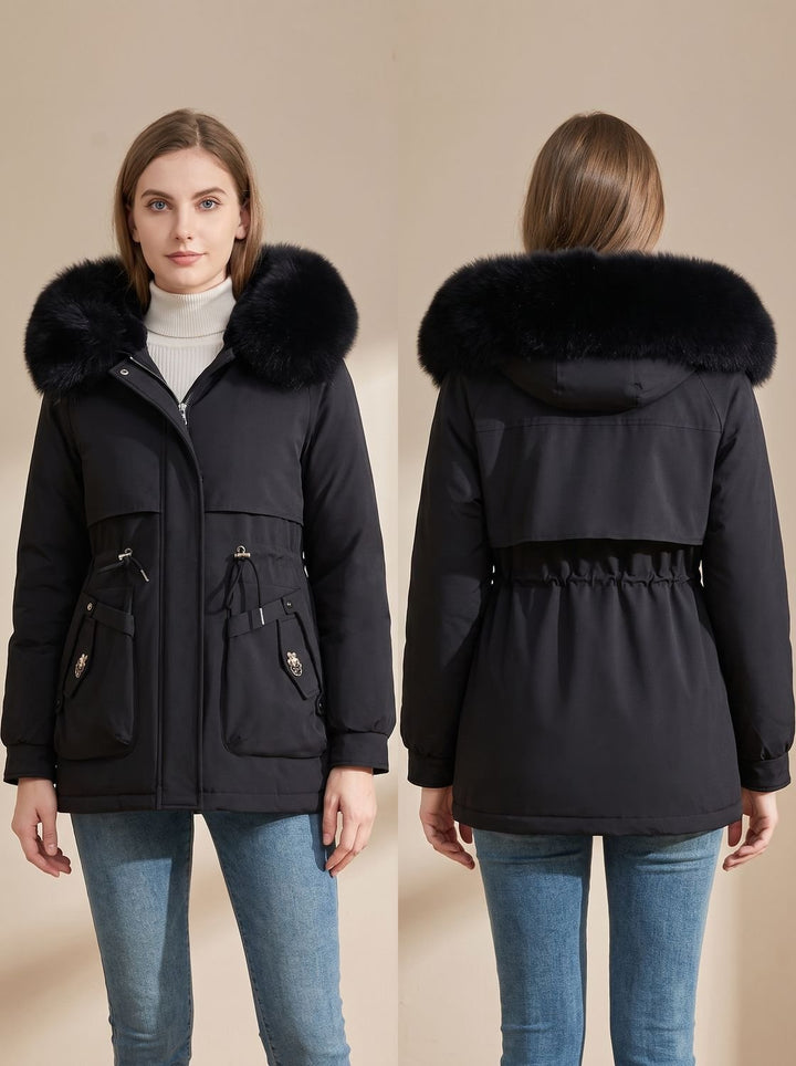 Dames Korte Bontjas Gevoerde Parka met Imitatiebont Capuchon en Taillierkoord - Zwart
