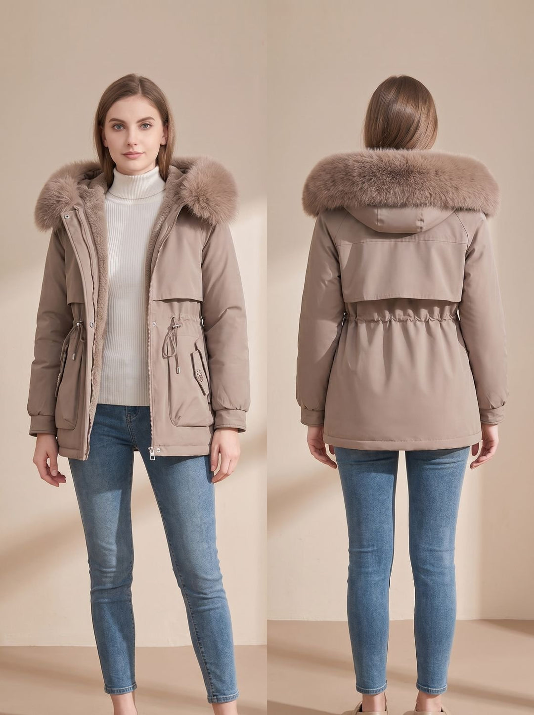 Dames Korte Bontjas Gevoerde Parka met Imitatiebont Capuchon en Taillierkoord - Khaki