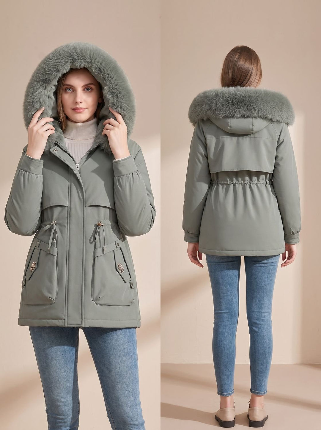 Dames Korte Bontjas Gevoerde Parka met Imitatiebont Capuchon en Taillierkoord - Groen