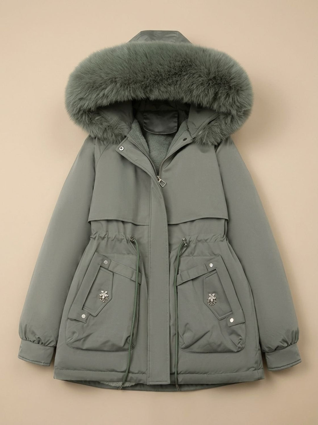 Dames Korte Bontjas Gevoerde Parka met Imitatiebont Capuchon en Taillierkoord