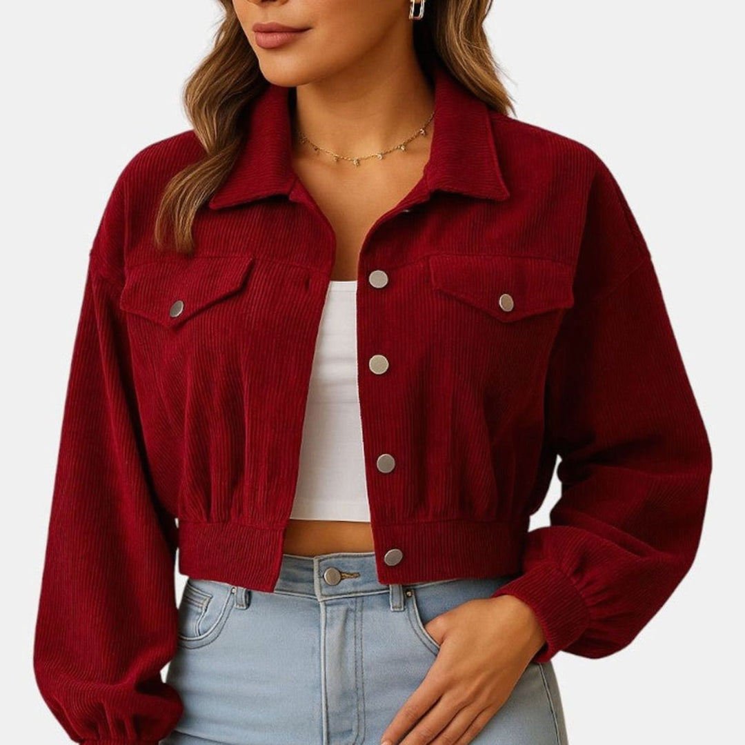 Dames Korte Corduroy Jas met Knoopsluiting en Borstzakken - Rood
