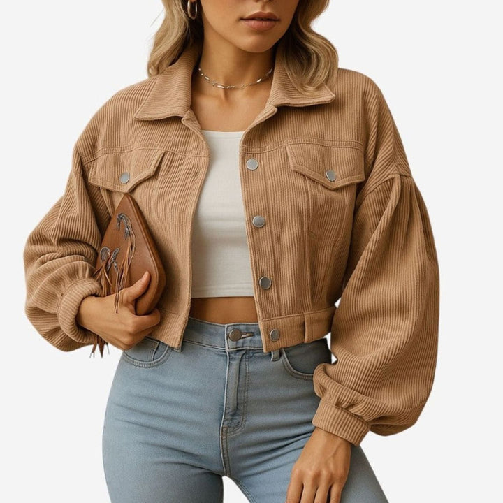 Dames Korte Corduroy Jas met Knoopsluiting en Borstzakken - Khaki
