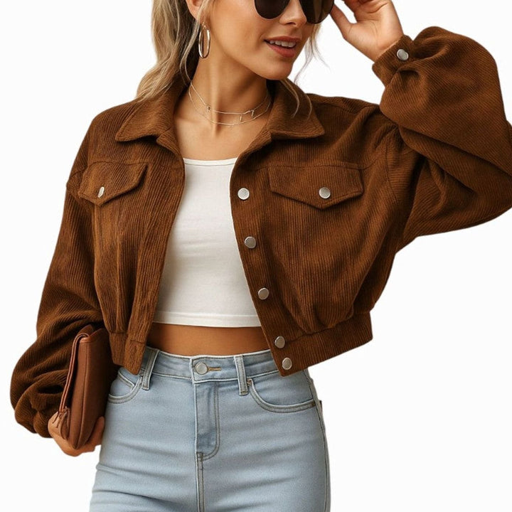Dames Korte Corduroy Jas met Knoopsluiting en Borstzakken - Koffie