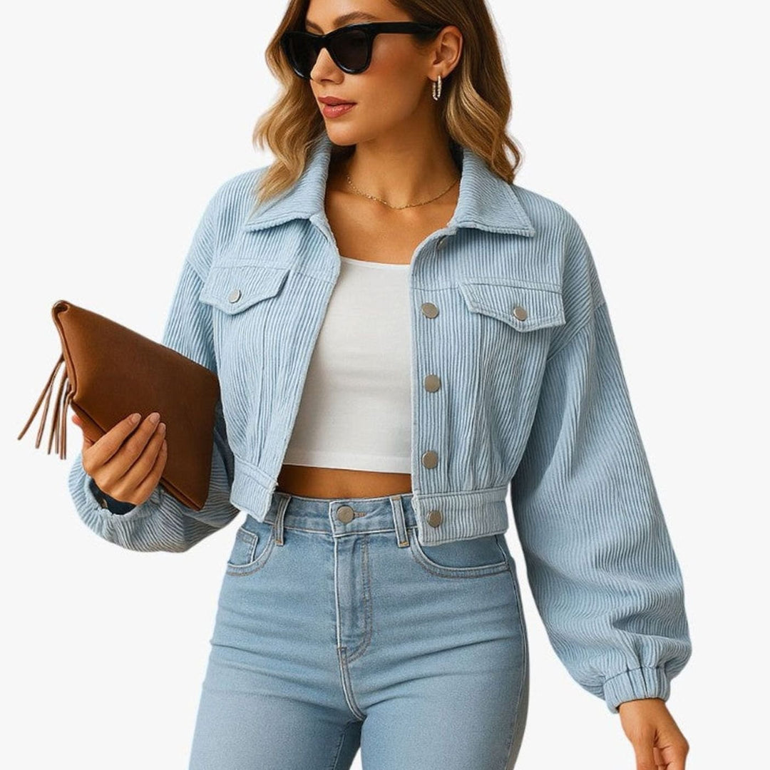 Dames Korte Corduroy Jas met Knoopsluiting en Borstzakken - Blauw