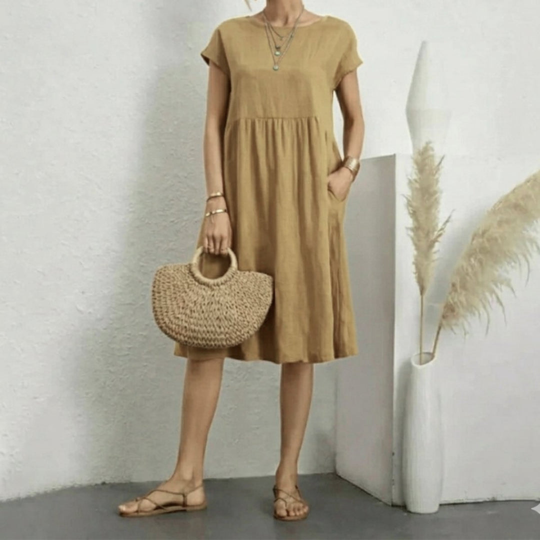 Dames Korte Mouw A-lijn Zomerjurk met Zakken - Beige