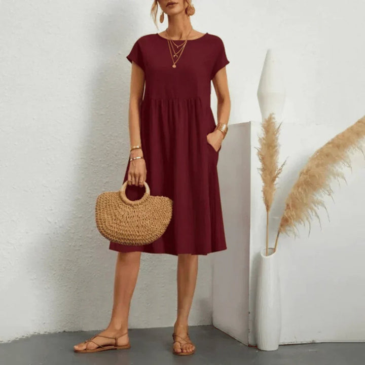 Dames Korte Mouw A-lijn Zomerjurk met Zakken - Bordeaux