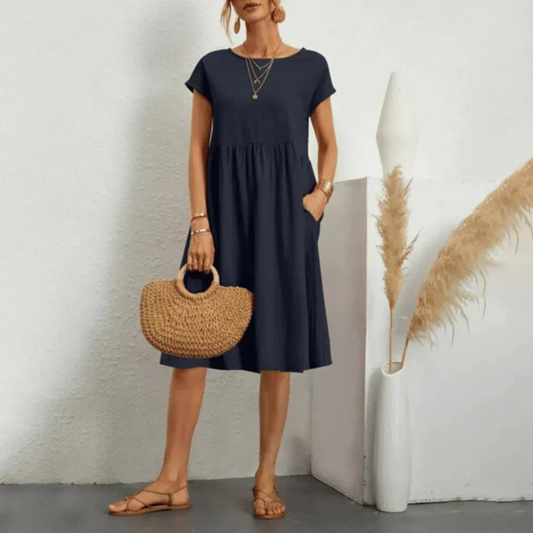 Dames Korte Mouw A-lijn Zomerjurk met Zakken - Marineblauw