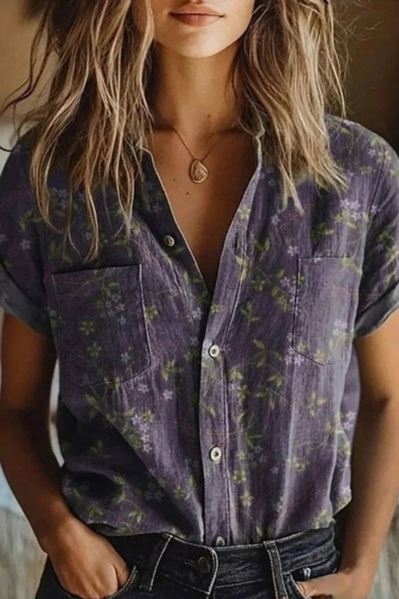 Dames Korte Mouw Bloemen Katoenen Knoop Blouse Relaxed Fit
