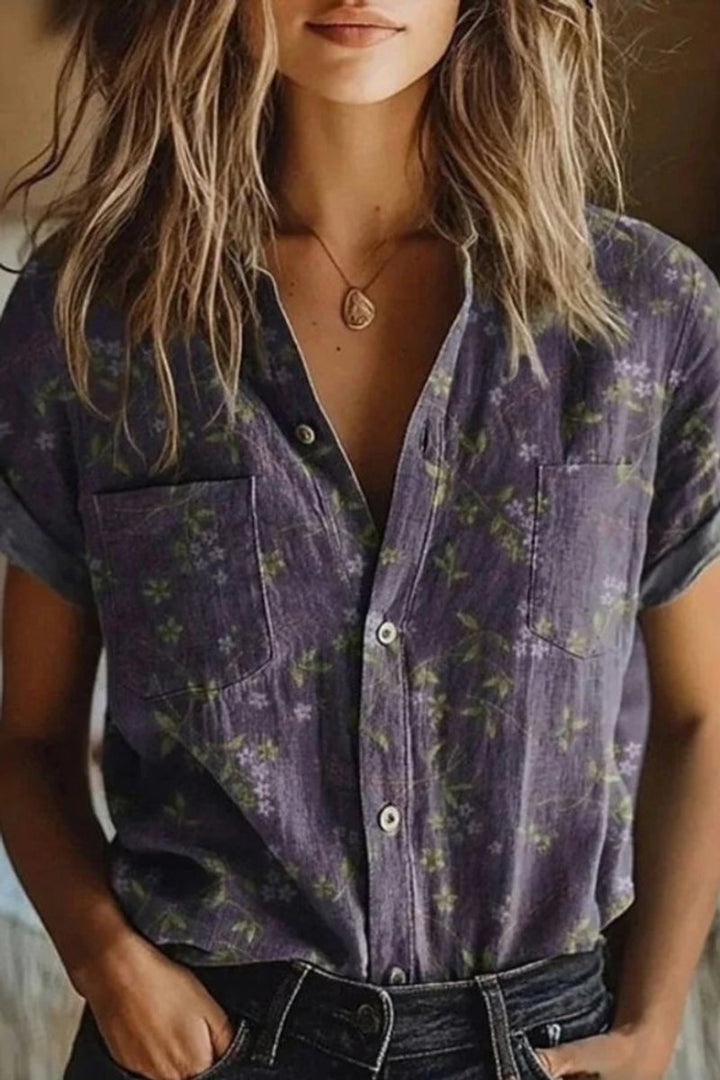 Dames Korte Mouw Bloemen Katoenen Oversized Blouse