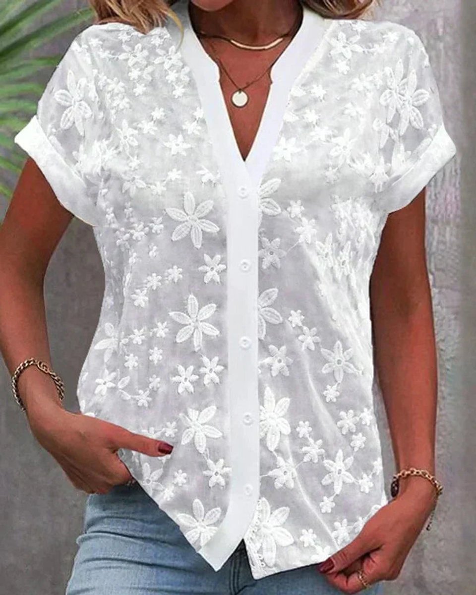 Dames Korte Mouw Gebloemde Kant Knoopsluiting Blouse - White