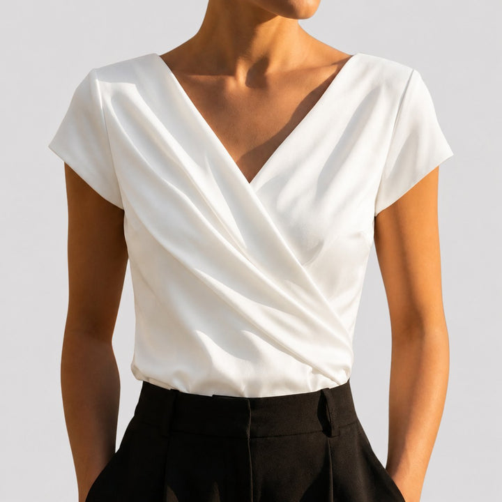 Dames Korte Mouw Gedrapeerde Wrap V-hals Blouse - White