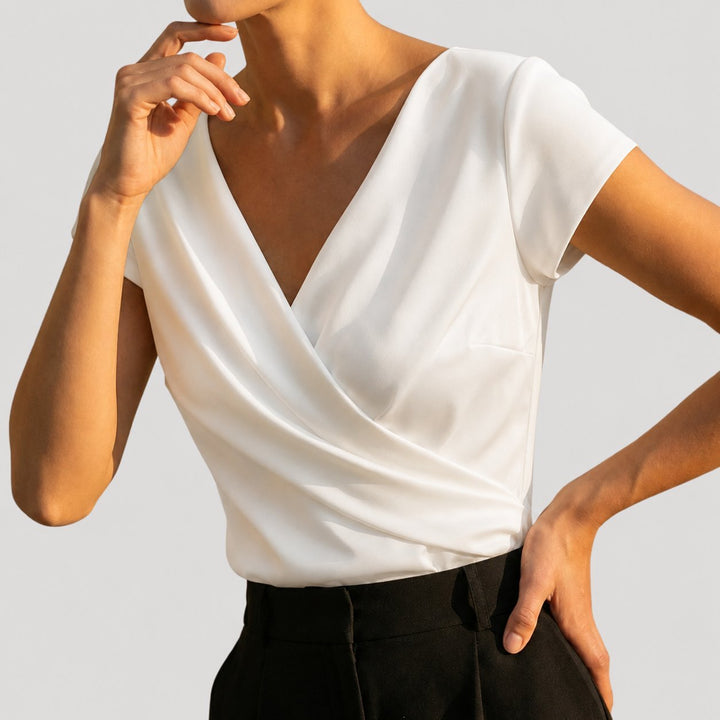 Dames Korte Mouw Gedrapeerde Wrap V-hals Blouse