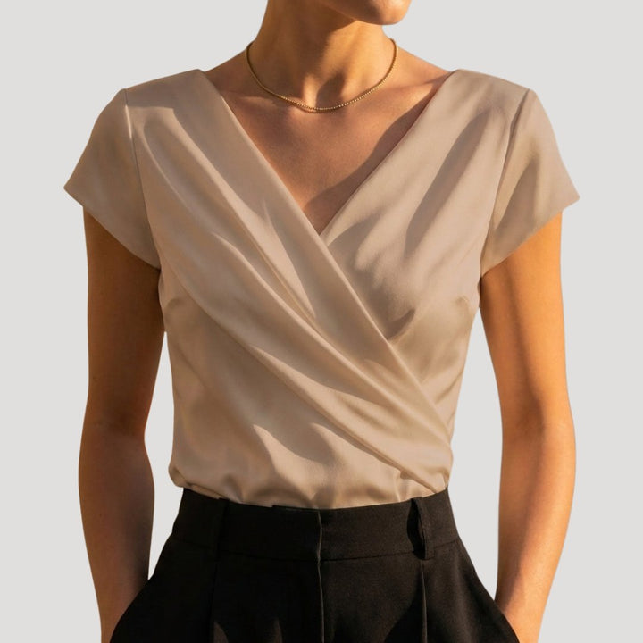 Dames Korte Mouw Gedrapeerde Wrap V-hals Blouse - Khaki