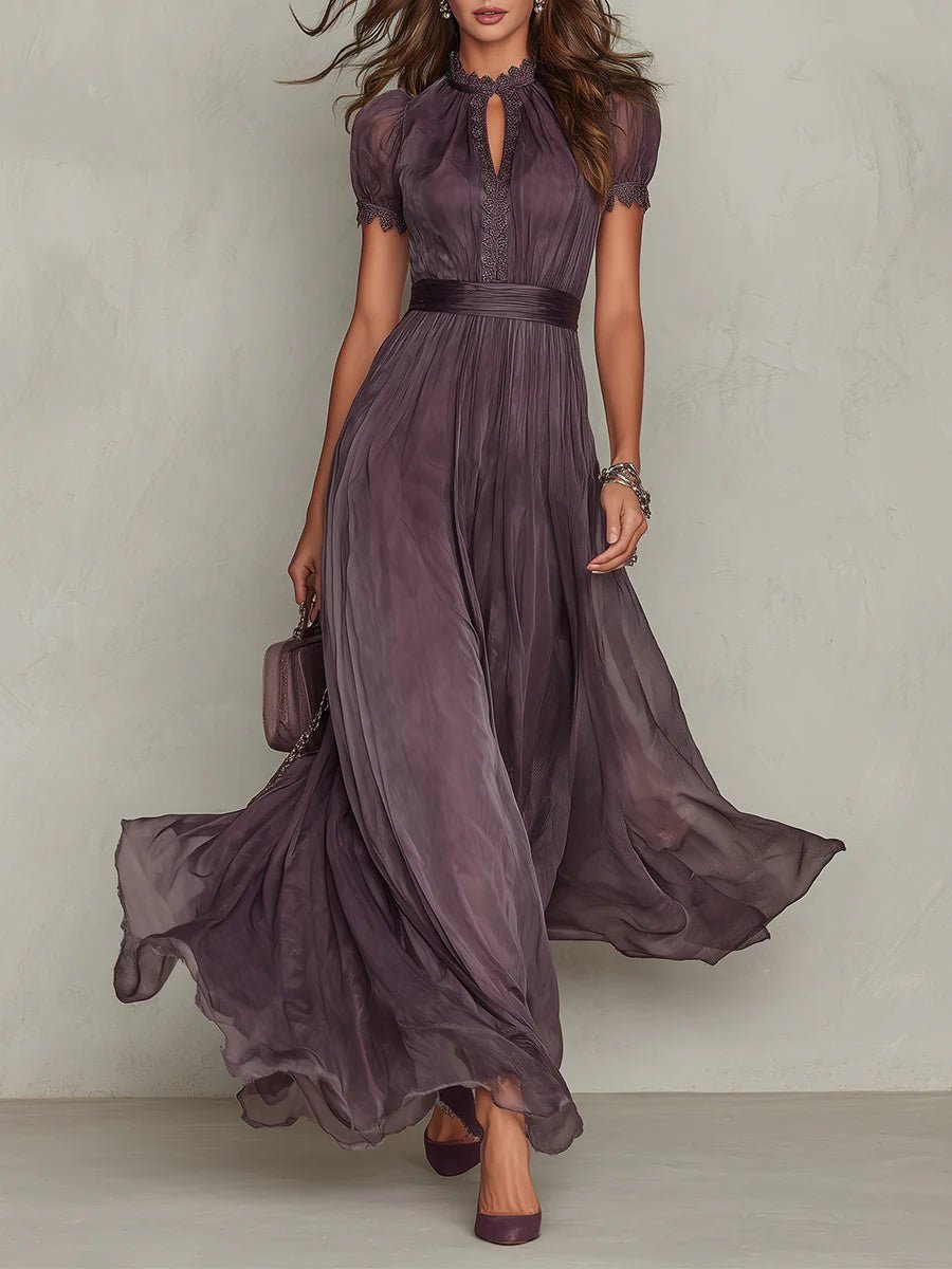 Dames Korte Mouw Keyhole Kanten Chiffon Maxi Jurk - Purple