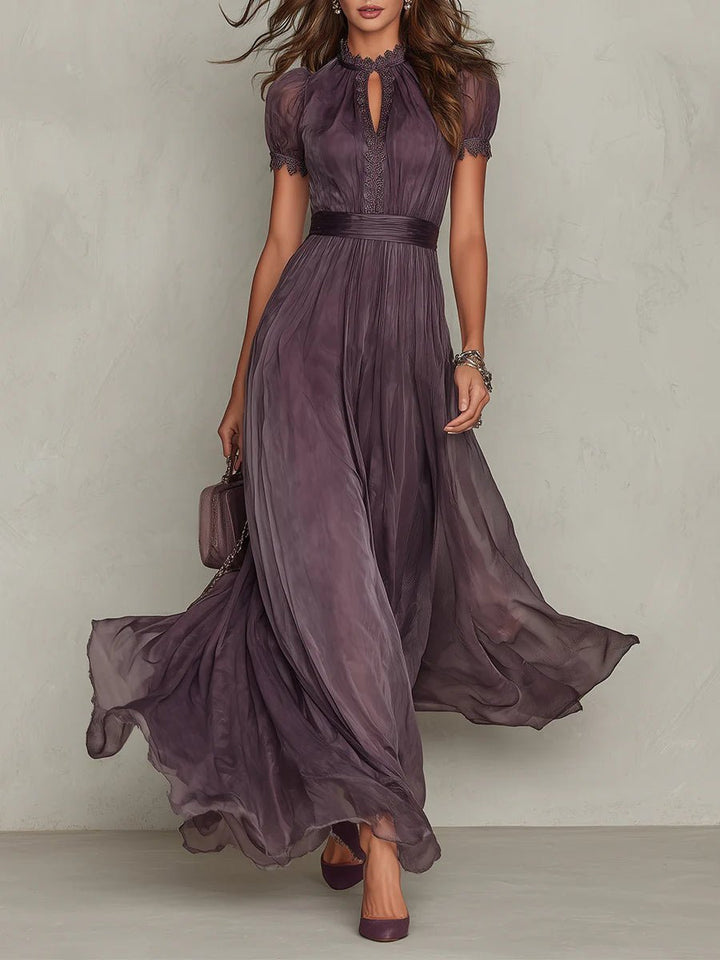 Dames Korte Mouw Keyhole Kanten Chiffon Maxi Jurk - Purple