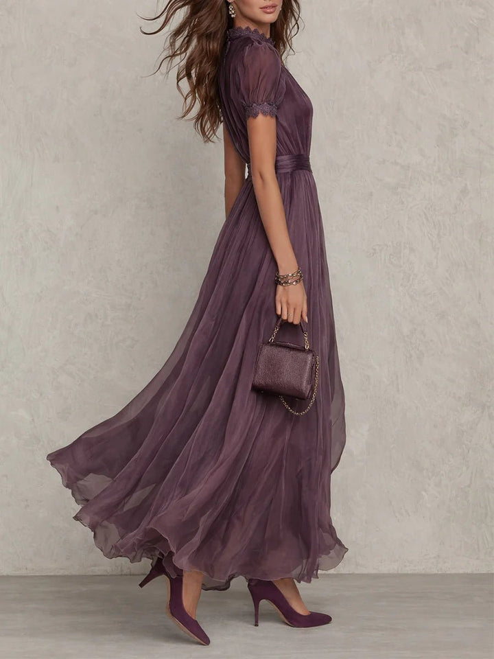 Dames Korte Mouw Keyhole Kanten Chiffon Maxi Jurk